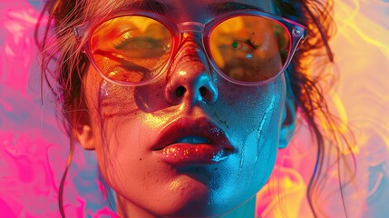 Wall Mural - Portrait of a Woman with Sunglasses on an Abstract Paint

