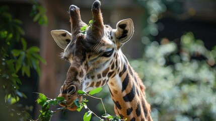 Poster - Amusing giraffe portrait eating with its long neck