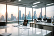 © Nyetock - Blurred office workspace in the evening, interior workplace with cityscape for business presentation background.