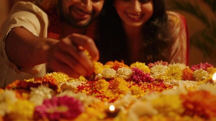 Wall Mural - Couple Lighting Candles on Birthday Cake