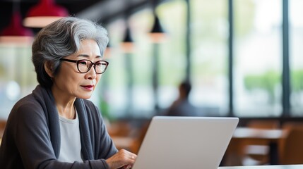 Poster - Senior  Female Office Worker looking at laptop,
