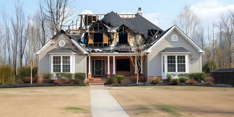 Residential property with fire damage needs restoration and cleaning services. Concept Fire Damage Restoration, Residential Property, Restoration Services, Cleaning Services, Property Repair