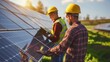 © anang - Two workers examining solar panels in a sunny field.