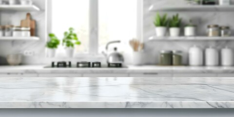 Poster - Marble counter kitchen background blurred for product display or design. Concept Blurred Background, Marble Counter, Kitchen Setting, Product Display, Design Concept