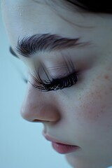 Canvas Print - Ethereal Headshot of a Person Wearing Elegant Black Eyelashes on Clean White Background