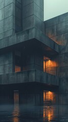 Sticker - Imposing Brutalist Civic Building in Gloomy Urban Landscape with Dramatic Lighting