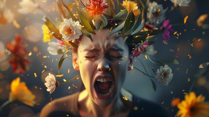 a person screaming with flowers exploding from their head, symbolizing a powerful and emotional rele