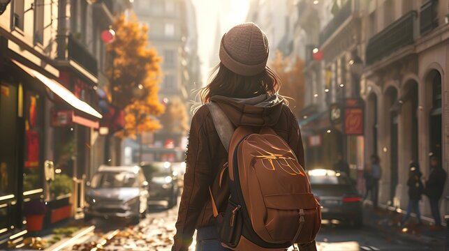 A person with a backpack walks down a sunlit city street lined with shops and autumn trees, embracing the essence of urban exploration.