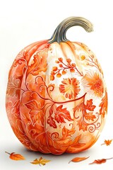 Wall Mural - Whimsical Watercolor Pumpkin with Intricate Floral Patterns on Ethereal Glowing Backdrop