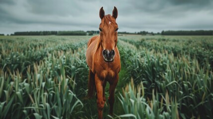 Portrait of a War Horse Standing in a Green Field 