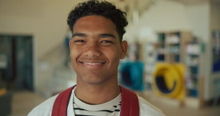 Poster - Smile, high school and portrait of boy teenager with backpack for education, growth and development on campus. Happy, face and student in lobby of learning academy with confidence, pride or knowledge