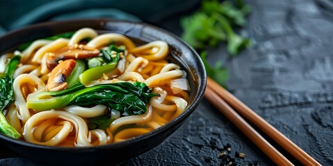 Sticker - Asian Vegetarian Udon Noodles with Baby Bok Choy and Shiitake Mushrooms A Delectable Close-Up. Concept Udon Noodles, Vegetarian Dish, Asian Cuisine, Stir-Fried Vegetables, Shiitake Mushrooms