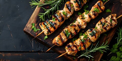 Wall Mural - Herb-infused grilled chicken skewers served on a rustic wooden board. Concept Grilled Chicken Skewers, Herb-infused, Rustic Presentation, Wooden Board Display