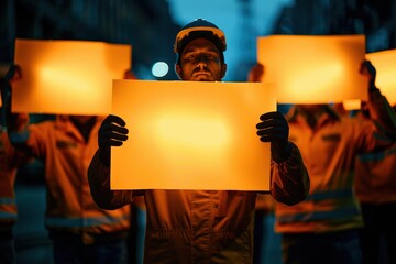 Group of construction workers holding glowing orange signs in a dark urban setting, emphasizing safety and visibility at night.