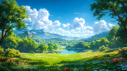 illustration art forest on sunny day in summer style art anime