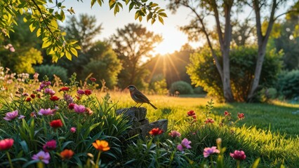 Poster - Bird in a garden at sunset.