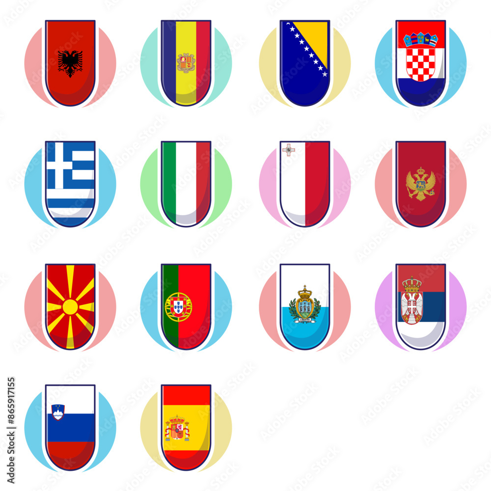 Southern European Countries Flags. Cute vector element design, travel ...