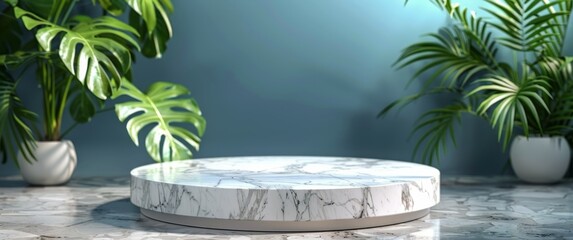 Wall Mural - White Marble Platform With Tropical Plants and Reflective Surface