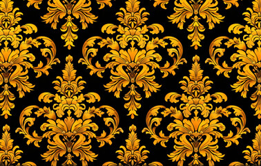 Poster - Yellow damask pattern, vintage yellow wallpaper background with an intricate floral and leaf design. Grainy texture, retro color, digital painting