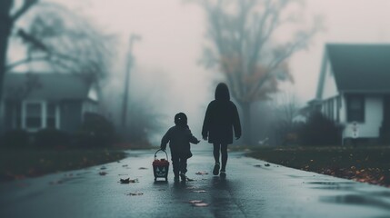 Two children walking down a misty street on a foggy morning, holding hands and carrying a basket, surrounded by trees and houses.