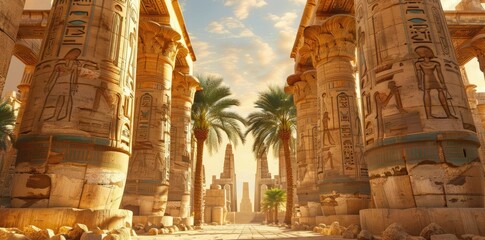 Ancient Egyptian Temple Columns and Palm Trees 3D Illustration