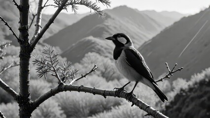 Sticker - Bird Perched on Branch with Mountain Background.