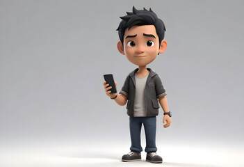 3d cute boy cartoon character man with phone in hand advertising model concept