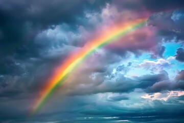 Wall Mural - A stunning rainbow stretching across a stormy sky, with dark clouds parting to reveal a burst of color and hope