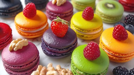 Poster - Vibrant French macarons adorned with fresh fruits and nuts