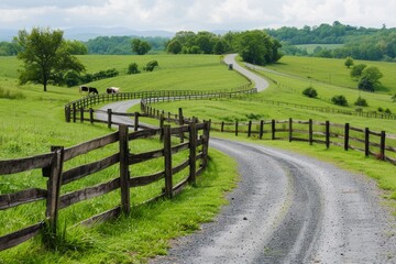 Wall Mural - A peaceful countryside scene with a winding country road, wooden fence, and grazing livestock, evoking a sense of nostalgia and simplicity