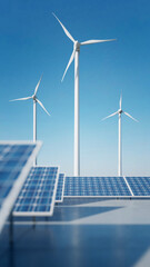 3d rendered of wind turbine and solar panels, renewable sustainable energy concept