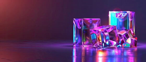 Abstract three-dimensional crystals with neon lighting, creating a futuristic and vibrant aesthetic in a dark environment.