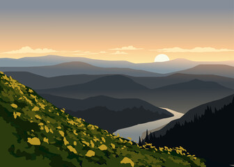 Wall Mural - Beautiful sunset landscape with river and hills