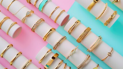 Canvas Print - Golden bracelets and rings displayed on white cylinders against a bright pastel background from above