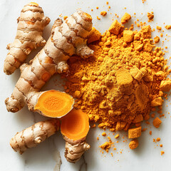 Wall Mural - A pile of ground turmeric and ginger sits on a white surface.