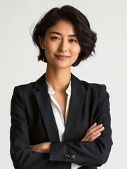 Wall Mural - A young asian woman in a suit and a white background.