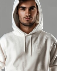 A man in a white hoodie with his hands on his hips.