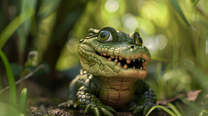 a toy alligator with an open mouth and black eye sits in the grass