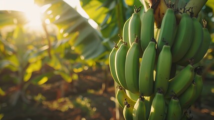 In the lush banana plantations of Tenerife, Canary Islands, Spain, green bananas thrive on towering trees, embodying the region's rich agricultural heritage.