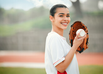 Sticker - Baseball, pitcher and portrait of sports woman on field of stadium for training, practice or workout. Fitness, exercise and happy athlete ready to throw ball in game in park for match competition