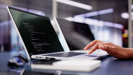Poster - Multi-tasking African American Woman Coding Website on Laptop at Office Desk