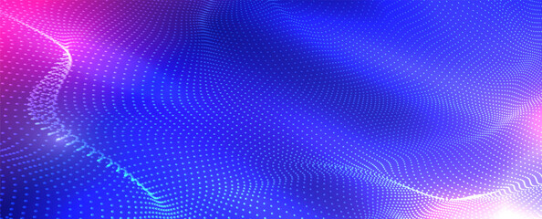Fototapete - Abstract futuristic digital waving 3d particle technology background. Moving dots particles, hi-tech and big data visualization for brochures, magazine, business card, banner. Tech and Science. Vector