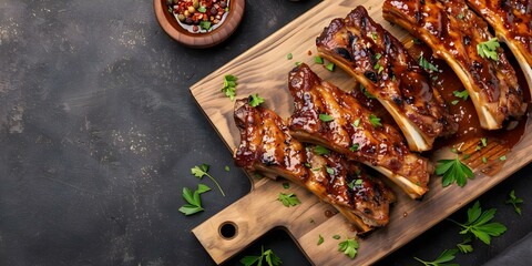 Wall Mural - Classic American Dish BBQ Pork Ribs with Sticky Spicy Glaze on Wood Board. Concept Food Photography, BBQ Ribs, Sticky Glaze, American Cuisine, Wood Board Presentation