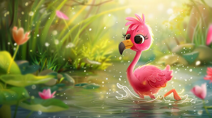 a pink flamingo stands in the water surrounded by a variety of colorful flowers, including pink, orange, and red blooms, with a black eye visible in the background