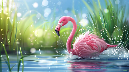 a pink flamingo with a long neck and black beak swims in blue water, its reflection visible below