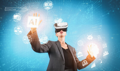 Poster - Project manager using visual reality goggle while holding AI generative. Professional business woman using program to generate AI while looking at financial statistic and coding prompt. Contraption.
