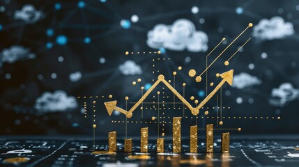 Poster - Golden bar chart with arrows pointing upwards, set against a dark background with clouds and dots, symbolizing growth and success.