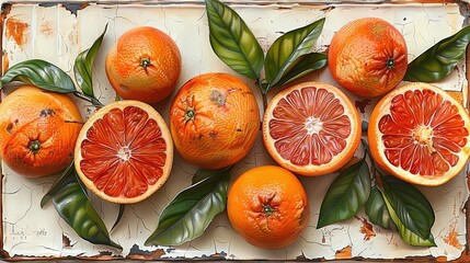 Wall Mural -   A group of oranges perched on top of a wooden table beside some leaves, with a single piece of fruit resting atop the table