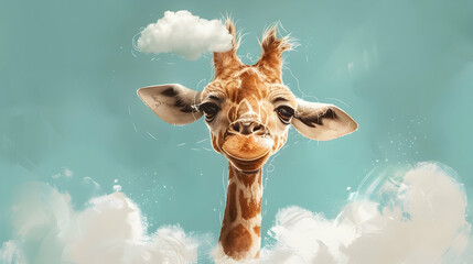 a brown giraffe with a long neck and black and brown eyes stands in front of a white cloud, with its ears visible on either side