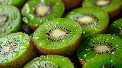 Wall Mural -   A collection of cut kiwi fruits arranged on top of a pile of whole kiwis